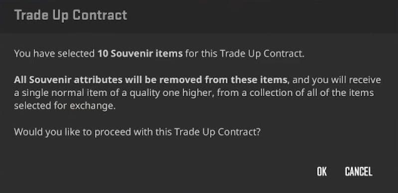 You can now trade souvenir items in CS2 by following the regular Trade up contract steps (Image Credit: Sparkles on YouTube)