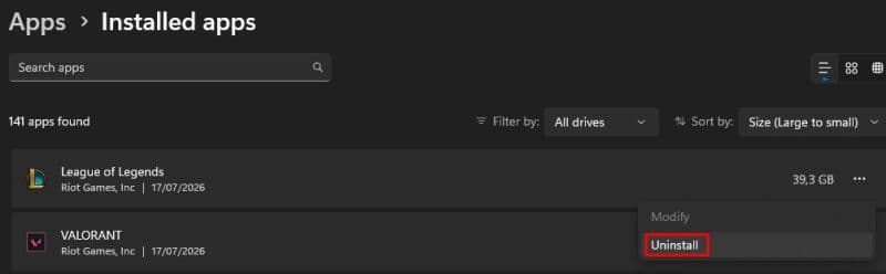 Find League of Legends in the menu and uninstall the game (Image Credit: THESPIKEGG)