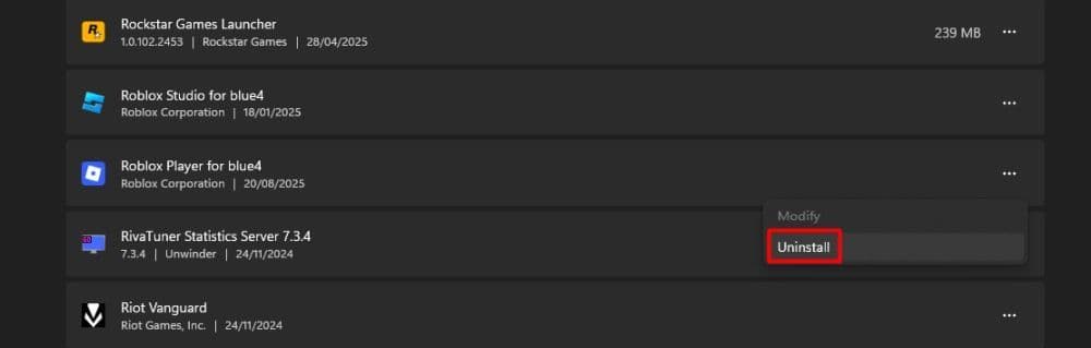 You can simply uninstall Roblox by going to the “Installed Apps” settings, click the three dot icon near Roblox and hit “Uninstall (Image Credit: THESPIKEGG)