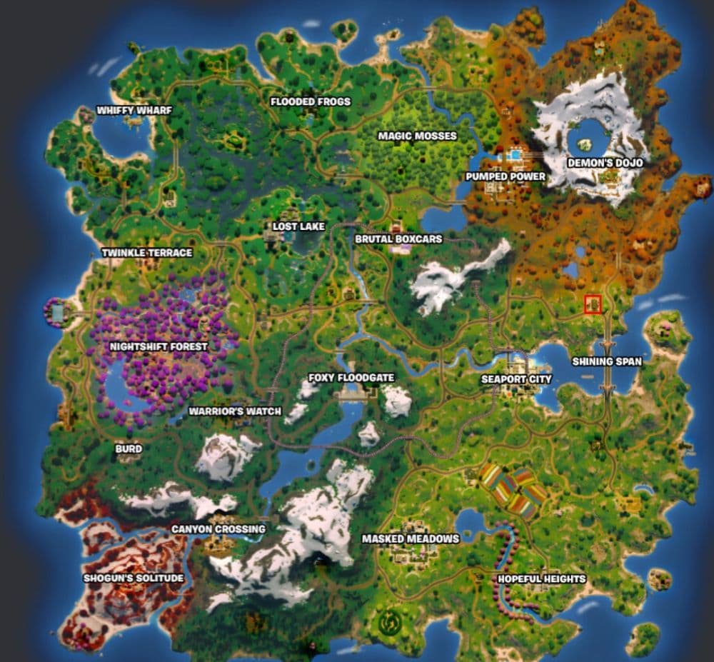 You can find Ziggy’s location shown in the new Fortnite map right above Shining Span(Image Credit: Epic Games/Fortnite edited by THESPIKEGG)
