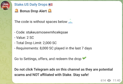 Stake US bonus drop code September 2026