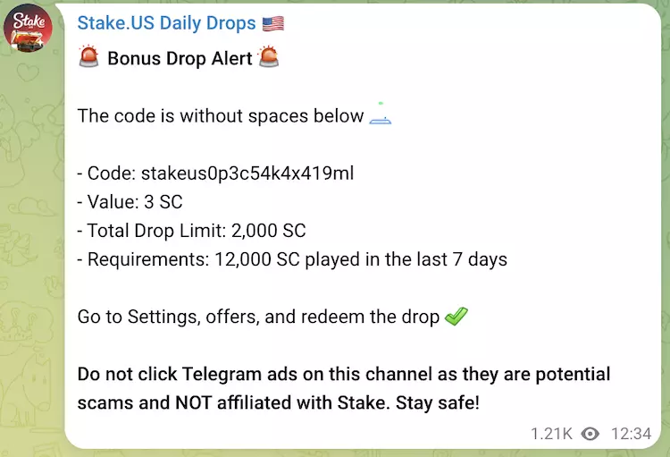 stake us bonus drop code telegram channel