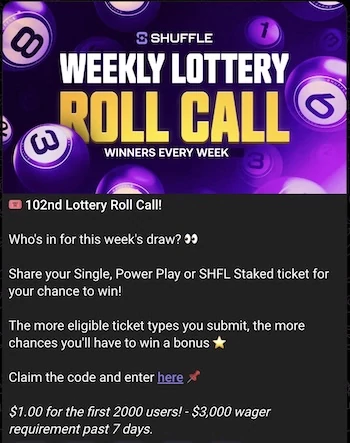 Shuffle bonus code September 2026